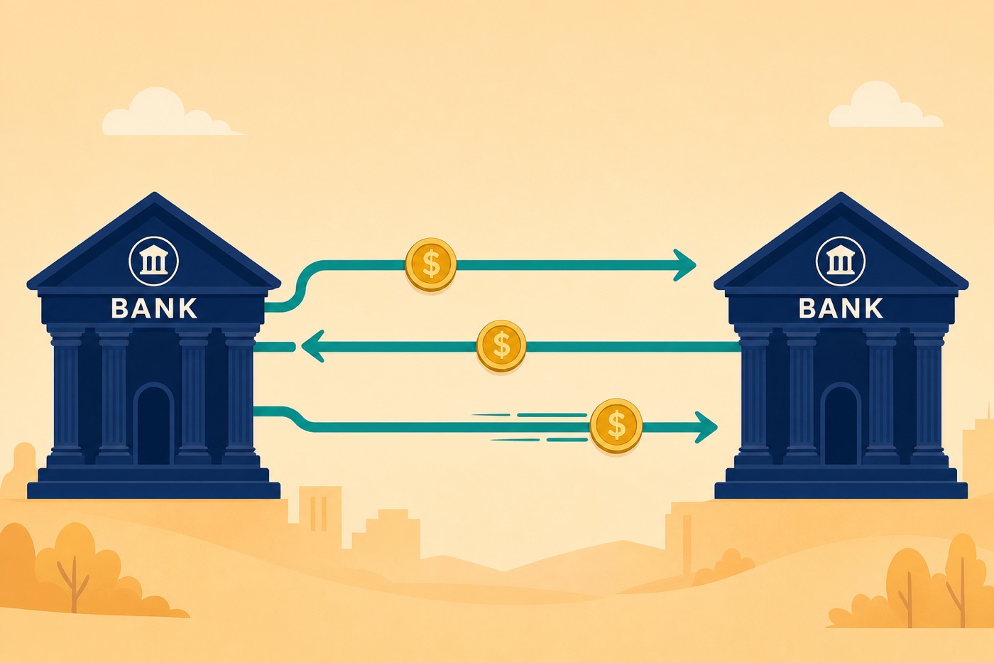 Flat illustration of two bank buildings connected by payment rails with coins moving between them, representing bank transfers
