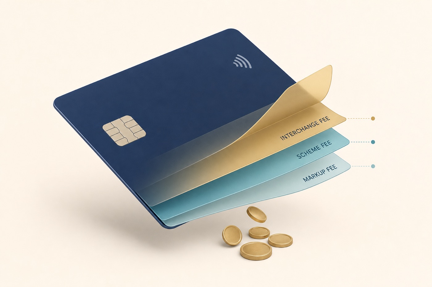 Flat isometric illustration of a payment card with fee layers peeling off into coins below, representing payment processing fees