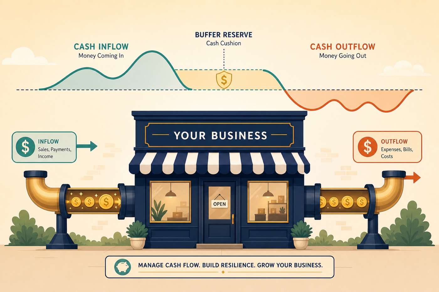 Flat illustration of a storefront with money flowing in and out along a cash-flow curve, representing small business cash flow