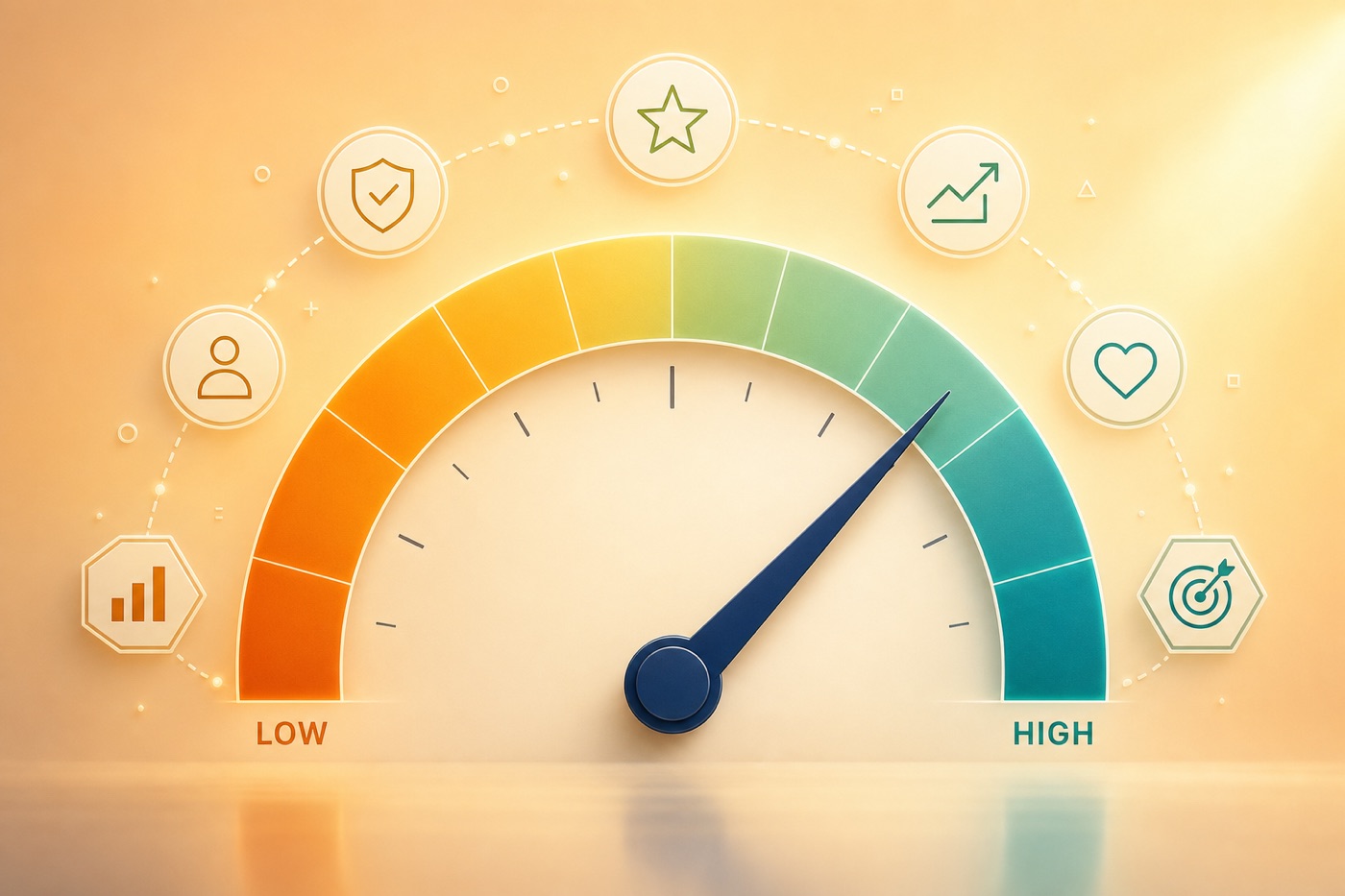 Flat semicircular gauge with a needle pointing to the high range, representing a good credit score