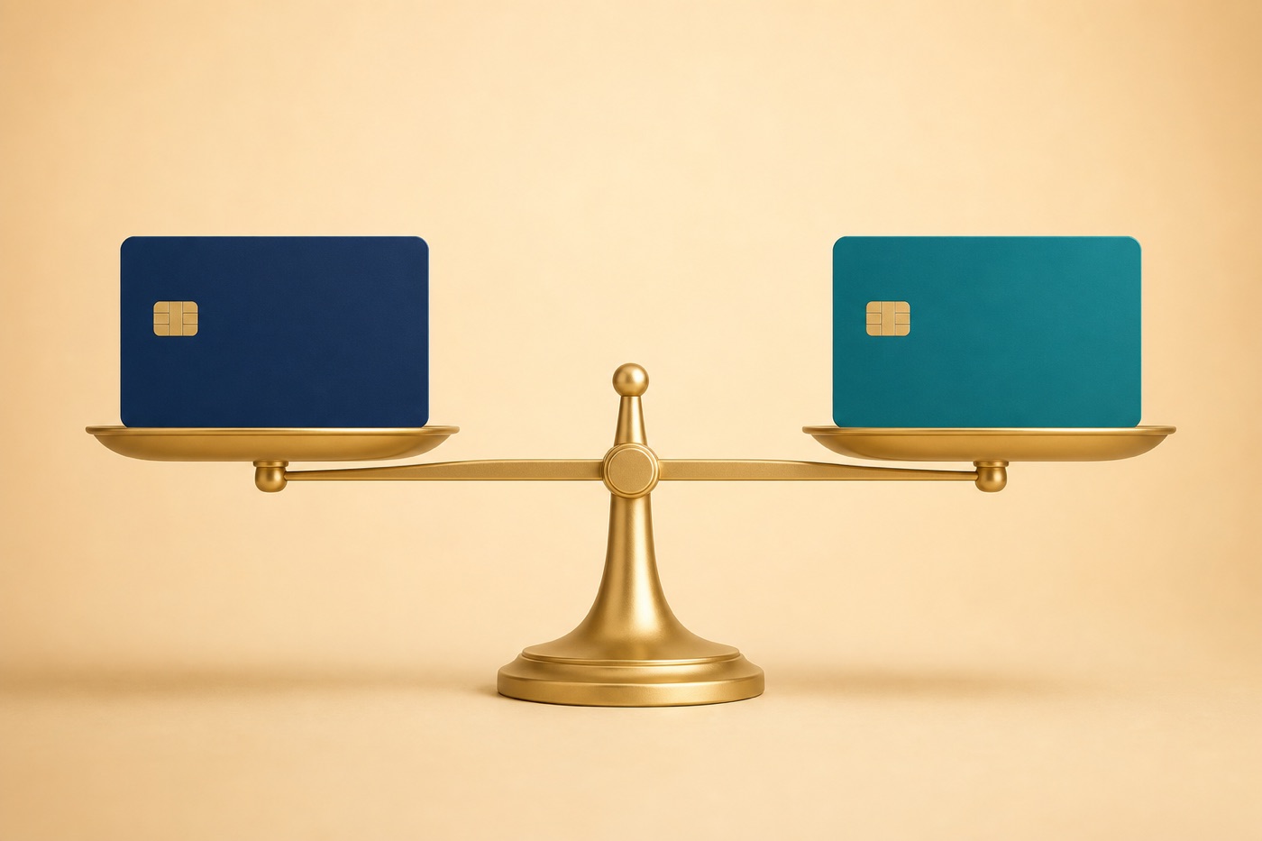 Flat illustration of two blank payment cards balanced on a level scale, representing choosing between debit and credit