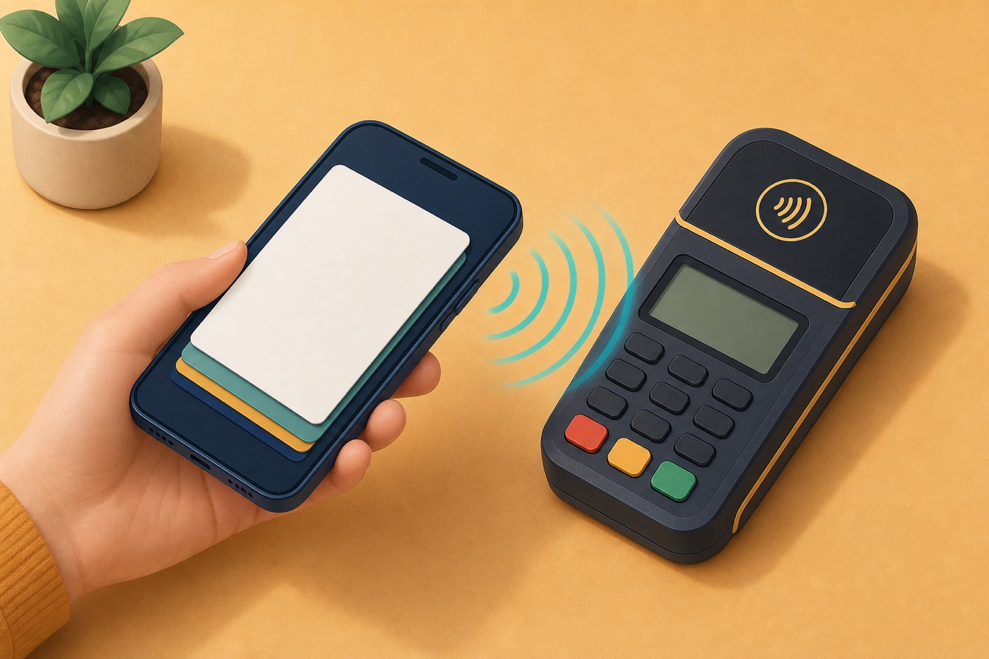 Flat isometric illustration of a smartphone tapping a card terminal with contactless waves, representing digital wallets and contactless payments