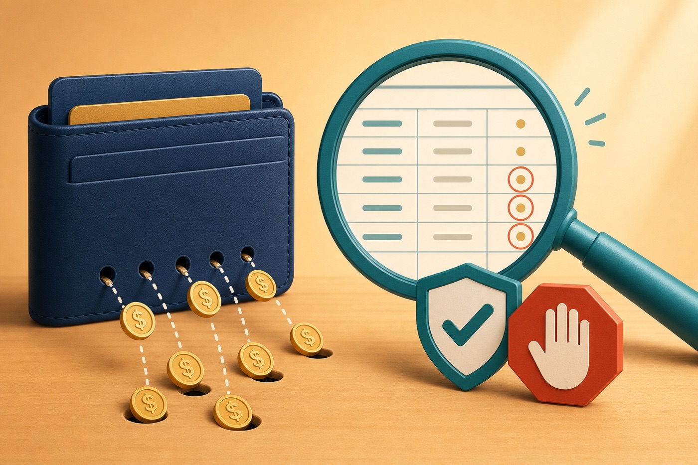 Flat illustration of coins slipping from a wallet through small holes with a magnifying glass over a statement, representing hidden bank account fees