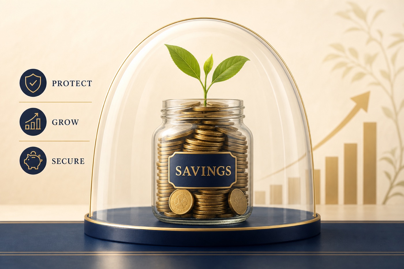 Flat illustration of a savings jar filling with coins under a protective shield, representing building an emergency fund