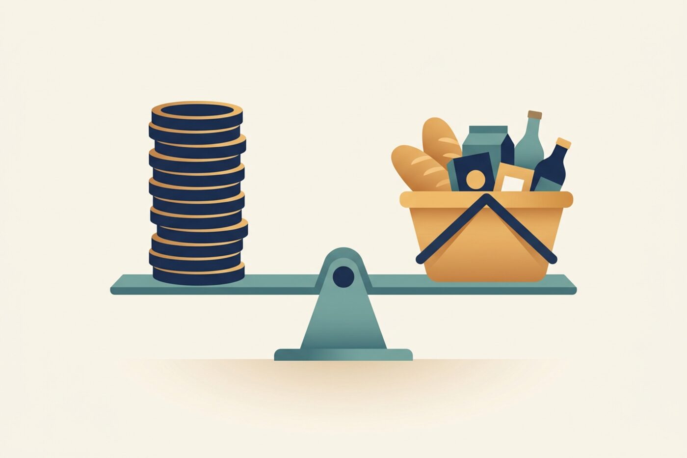 Flat illustration of a coin stack balanced against a shrinking basket of generic goods, representing inflation eroding savings