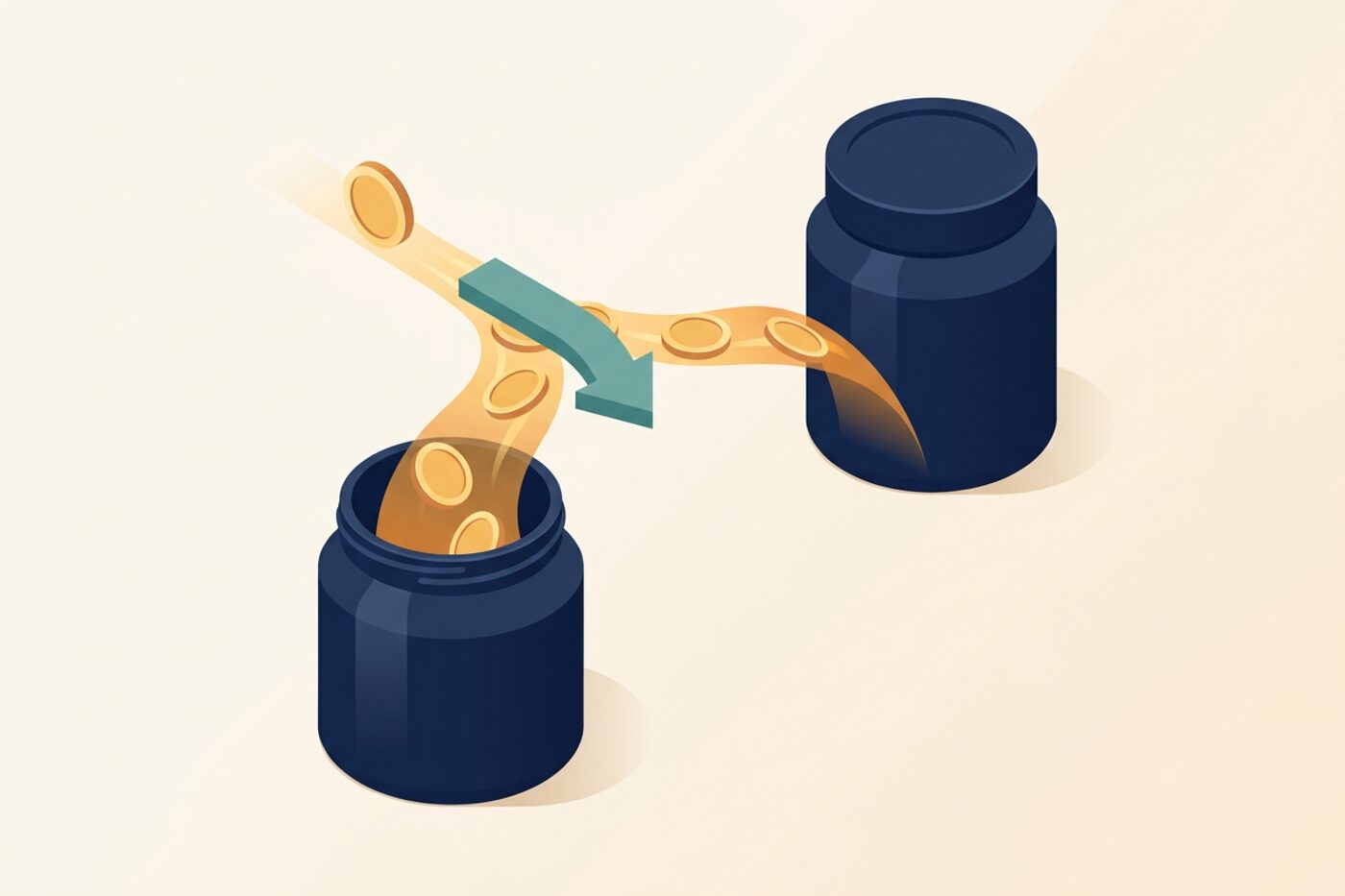 Flat illustration of an incoming coin splitting into a larger spendable stream and a smaller stream filling a separate sealed jar, representing a freelance tax reserve
