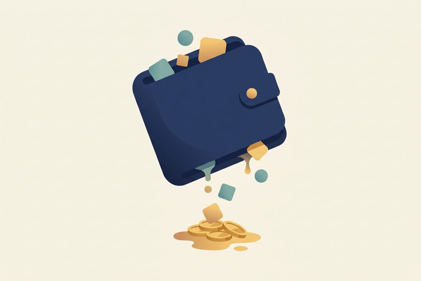 Flat illustration of a wallet leaking small app-tile icons through slow drips into a puddle of coins, representing subscription creep
