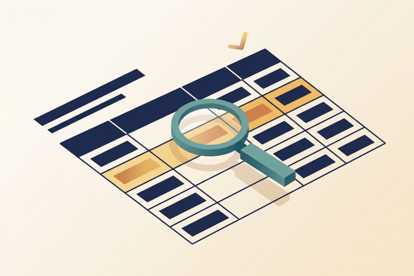 Flat illustration of a magnifying glass hovering over one mismatched row in a grid of clean statement lines, representing checking a bank statement for errors