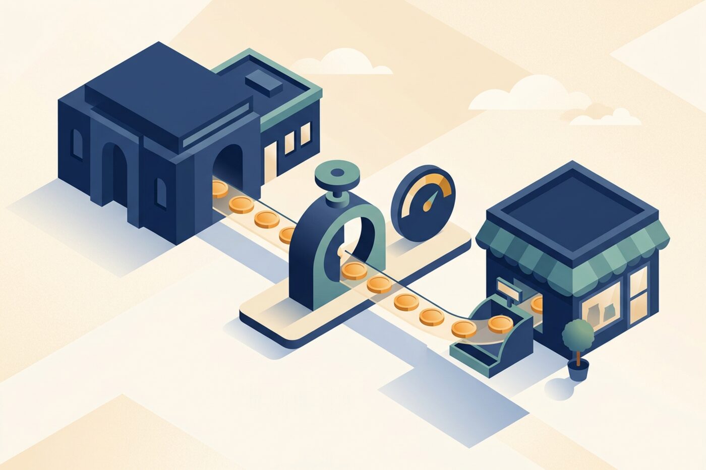 Flat illustration of a partially open valve between a bank building and a small storefront with coins passing through and a capacity dial beside it, representing a business line of credit
